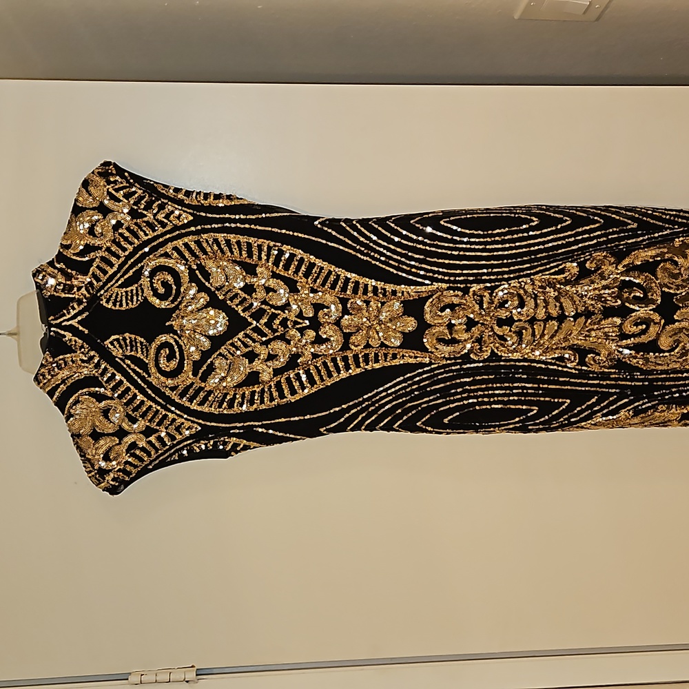 Black and Gold Sequin and Lace Dress